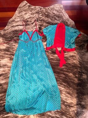 Turquoise Polka Dot Maxi with Red Trim and Cap Sleeve Wrap